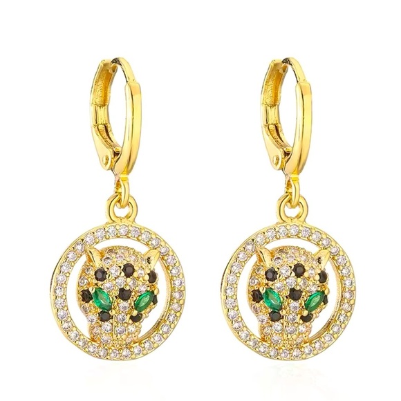 Panthere Gold Green Eyes Crystal Earrings - Picture 3 of 5
